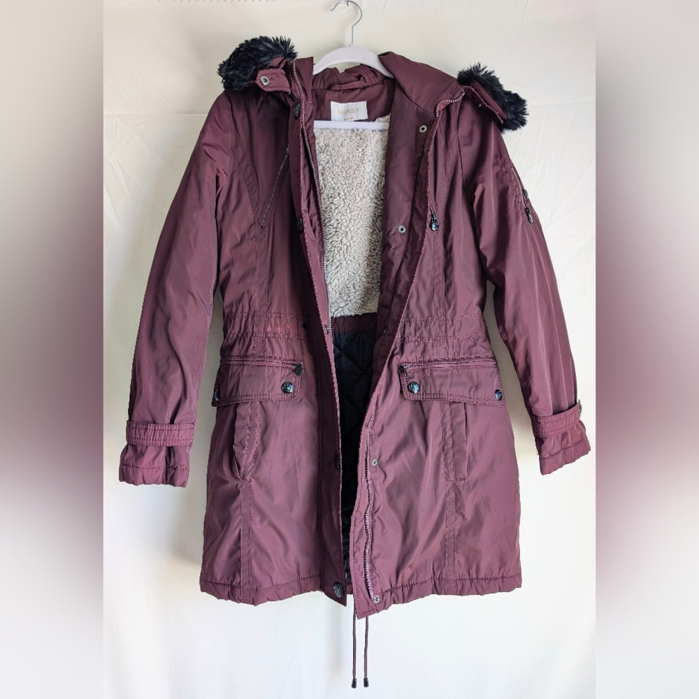 Laundry by Shelli Segal Burgundy Faux Fur Trim Hooded Parka Coat S